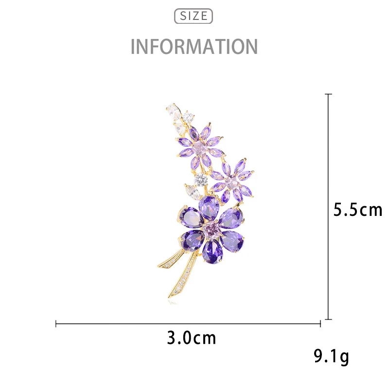 Summer New Elegant Vintage Cubic Zirconia Purple Flower Brooches for Women Luxury Design Corsage Accessories Dress Pins Gift