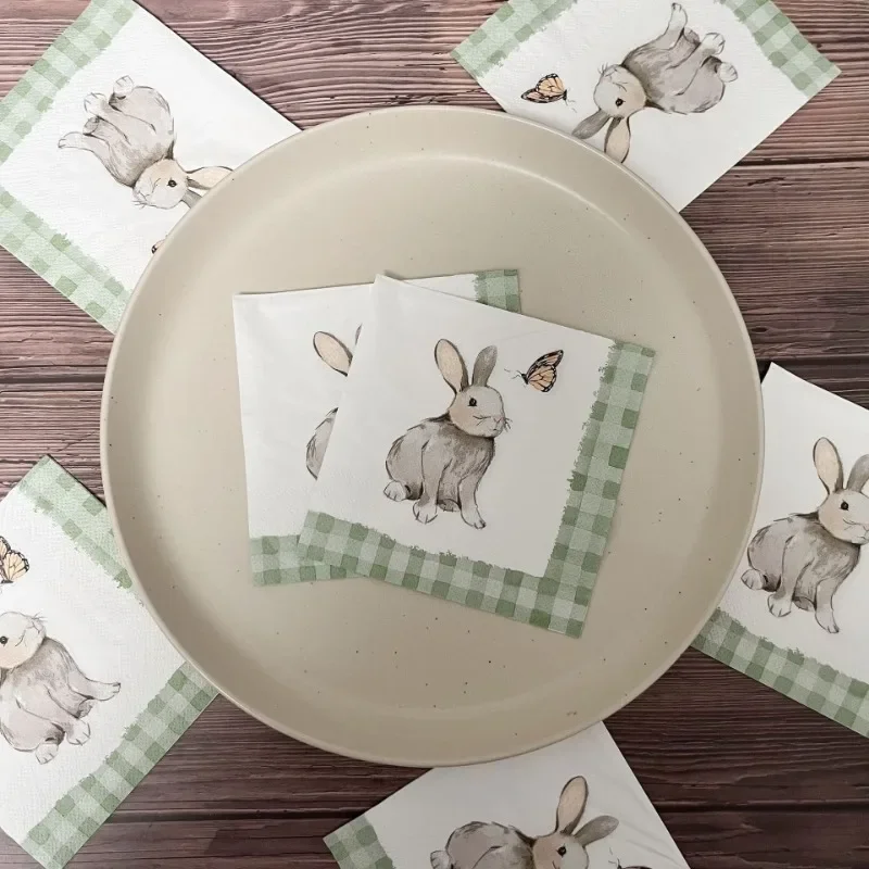 20pcs/Pac 3-Ply 25*25cm Easter Bunny Printed Party Napkins Green Plaid Handmade Butterfly Bone Bart Paper Placemats