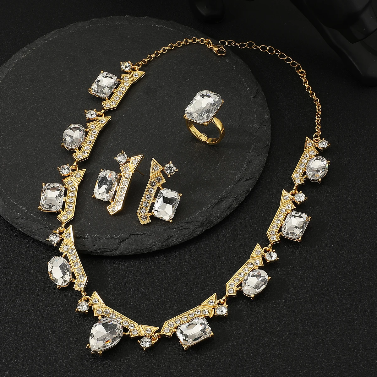 Elegant luxury Water drop full of zircon sparkling necklace earrings ring women\'s jewelry set  Wedding Jewelry For Bride