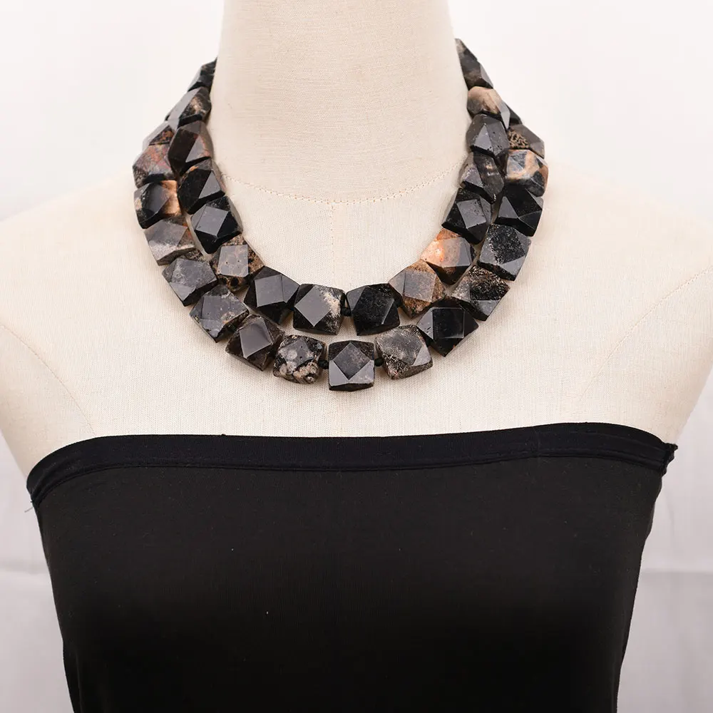 

GG 2 Strands Natural Black Coral Jade Square Chrysanthemum Stone Crystal Multi Rows Necklace