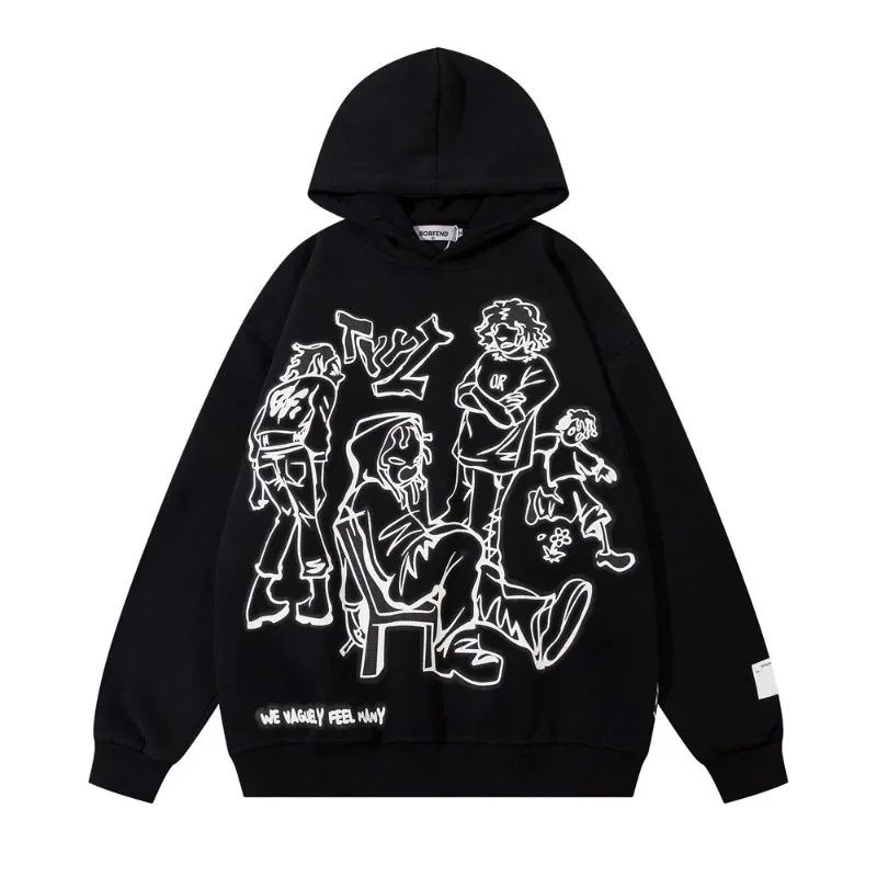 

Line figure printed sweatshirts for men high street trendy oversize autumn winter pullover hoodies for men black pink y2k hoodie