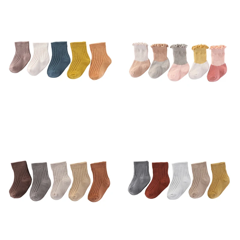 

Fetchmous Unisex Non-Slip Newborn Socks 5 Pairs Elasticity 0-5T Solid Color 100% Cotton Baby Girl Boy Socks Infant Accessories