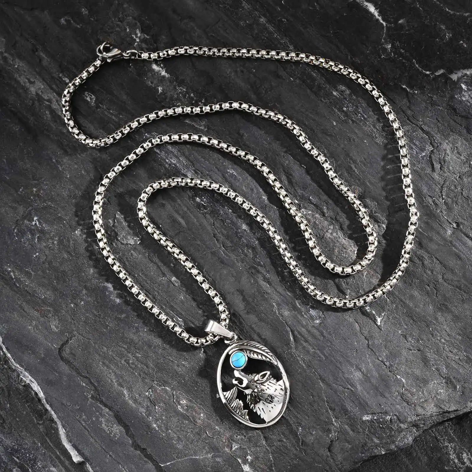 Punk-Wolfskopf-Ovale Halskette für Männer, Vintage-Anhänger aus Edelstahl mit Lapislazuli-Naturstein, Geschenk zum Jahrestag oder Vatertag – Detail 3
