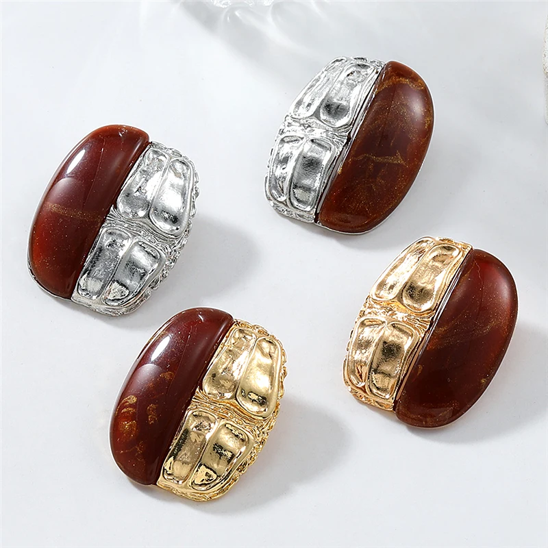 HUANQI Fashion Metal Brown Resin Splicing Square Earrings for Women Girls Fashion Vintage Jewelry Gifts 2024