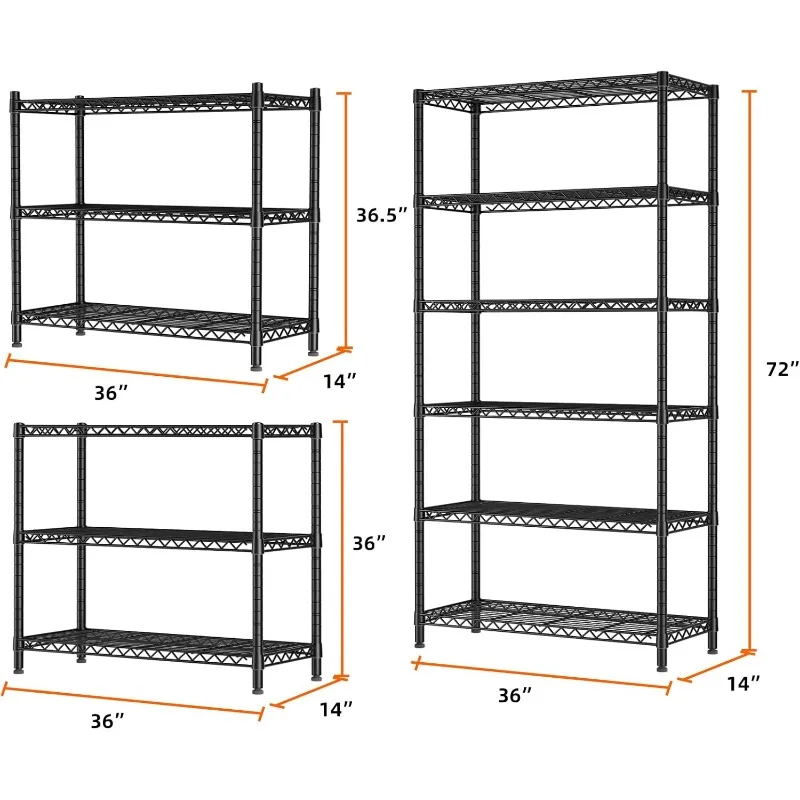 6 Tingkat Rak Organizer Penyimpanan Rak Logam Unit Garasi Rak Dapur Rak Kamar Mandi Organizer 36 "Dx14 Wx72 H Hitam