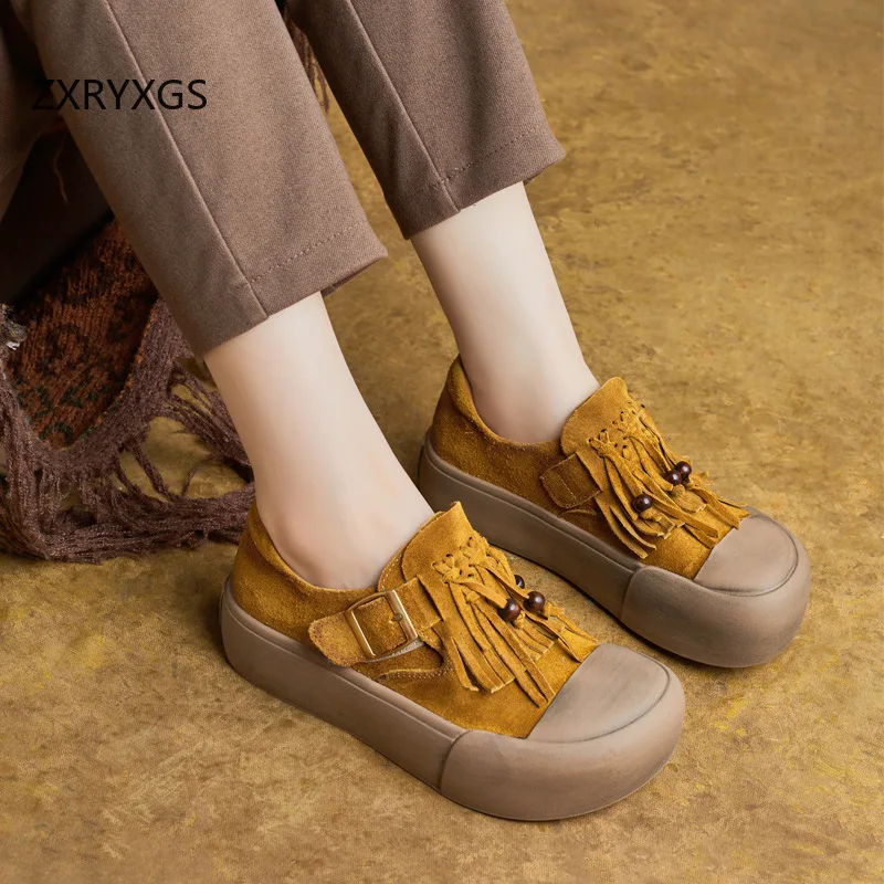 ZXRYXGS New Premium Cowhide Tassel Full Real Leather Sneakers Fashion Casual Shoes Platform Elevator Sneakers Trendy  Shoes 2026