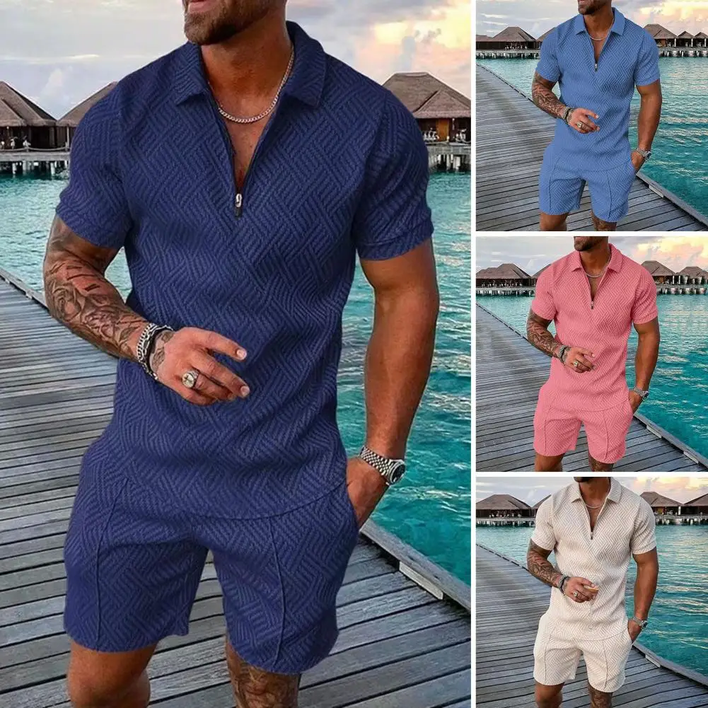 Men T-shirt Shorts Set Men\'s Casual Outfit Lapel Zipper Neckline Shirt Elastic Waist Shorts Set Stylish 2pcs for Outdoor