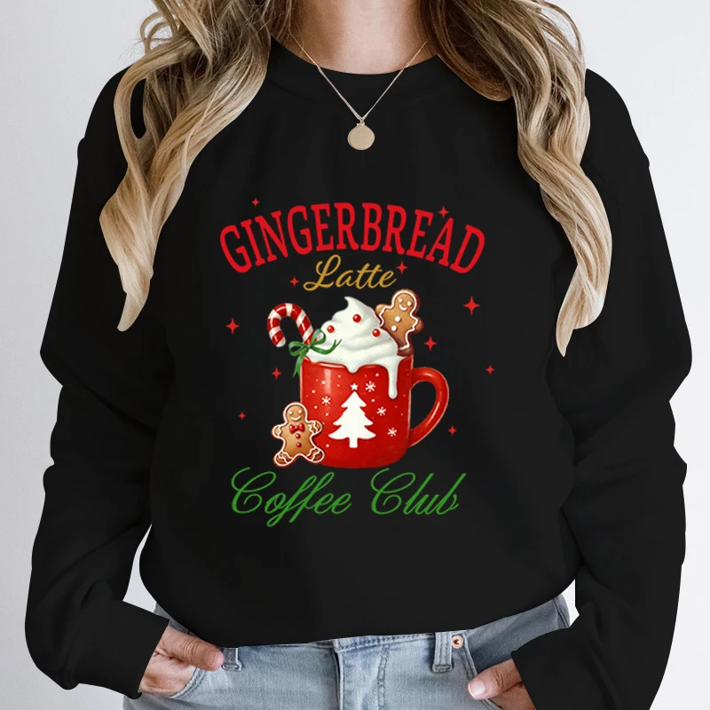 

Autumn Winter Women Christmas Gingerbread Latte Coffee Club Print Round Neck Hoodless Pullovers Cute Casual Pure Color Pullovers