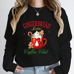 Autumn Winter Women Christmas Gingerbread Latte Coffee Club Print Round Neck Hoodless Pullovers Cute Casual Pure Color Pullovers