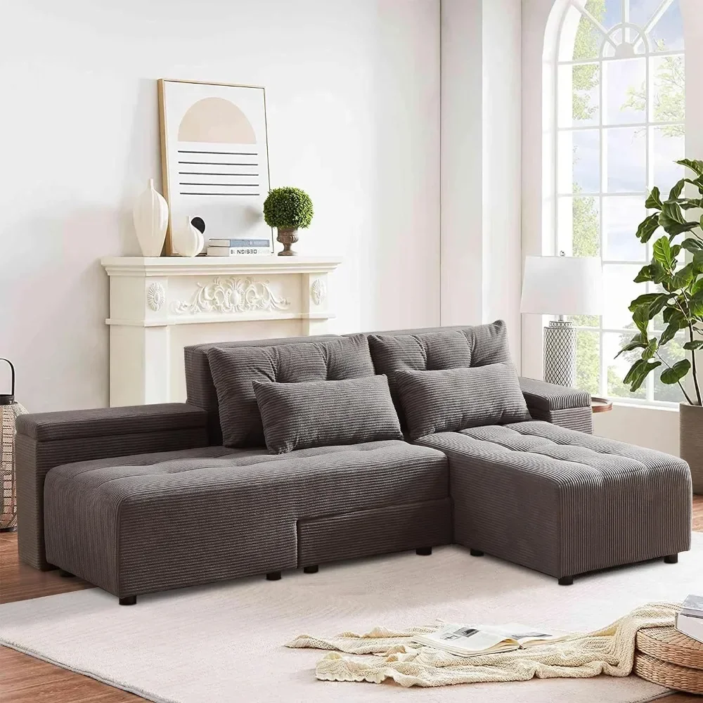 

Convertible Sectional Sofa, L-Shaped Sofas with 4 Storage Space, Pull-Out Sofa Bed with 4 Pillows, Convertible Sectional Sofa