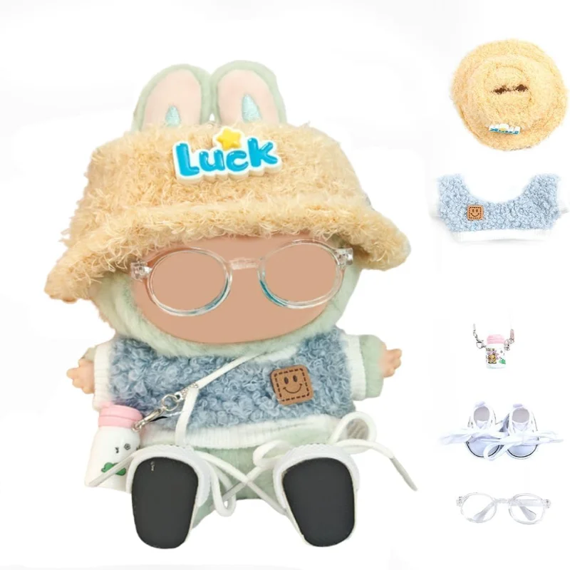 

Suitable for Labubu Doll Clothing Set, 17cm, 5-Piece Kawaii Style with Clothes，Hat, Camera, Glasses and Shoes (Blue)