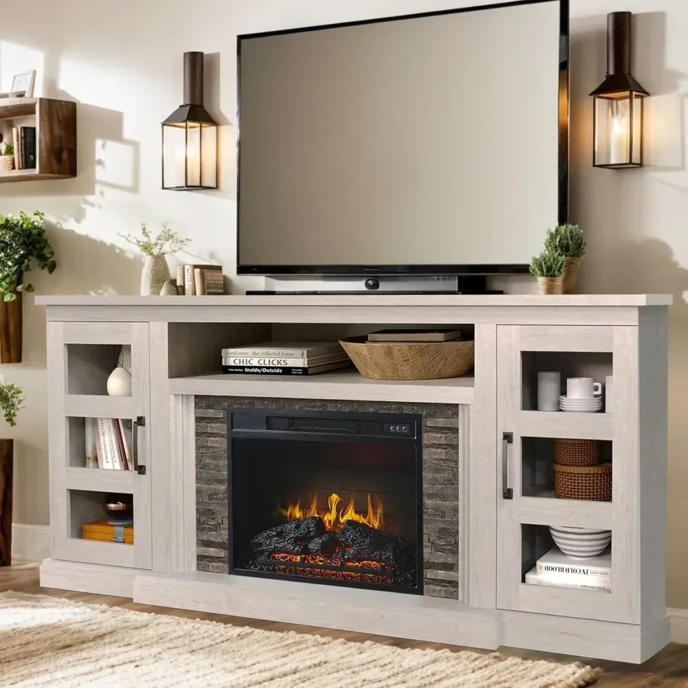 59 Inch TV Stand with 3D Fireplace, Modern Media Entertainment Center for TVs up to 65 Inch, Tv Console Table with Barn Door