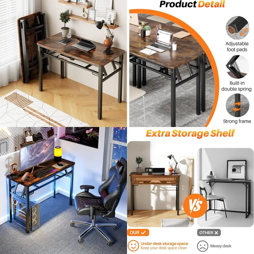 Compact Foldable Computer Desk with Storage Shelf - Small Space Study Table for Writing and Typing