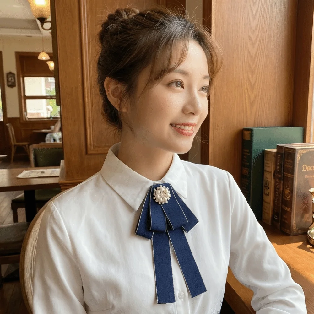 Accessory Pearl Accent Women's Bow Tie Adjustable Elegant Butterfly Knot Tie Neck Decoration College Style