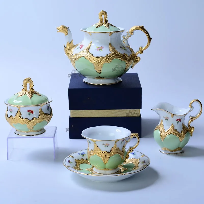 

European-Style Meijia Coffee Set Palace Relief Gold Painting M Sen B- Form Cream Green Tea Set Coffee Set Turkish Coffee Set