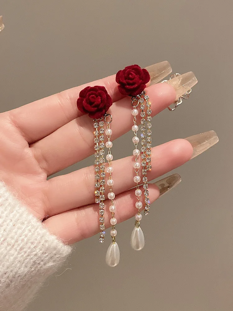 New 2024, серьги с кисточками, красные бархатные длинные серьги, серьги с розовым жемчугом