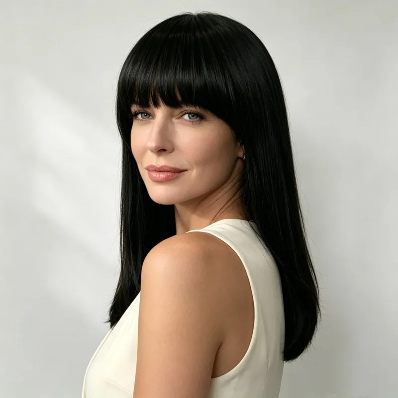 1pcs Women'S Wig With Bangs Medium Length Straight Hair Fashionable Outdoor Travel Simulation Head-Wearing Synthetic Wig