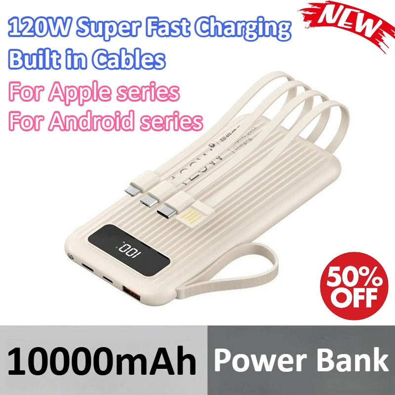 Powerbank 10000mAh 120W z wbudowanymi kablami, super szybkie ładowanie, do iPhone'a, Xiaomi, Huawei, Samsunga, lekki i cienki.