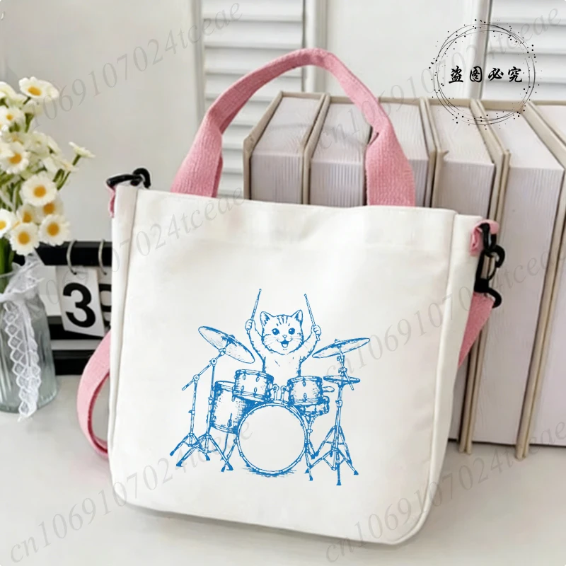 Drummer and Cat Print Tote Bag Women Casual Shoulder Crossbody Bag Mini Canvas Handbag Daily Shopping Fashion Shoulder Bags