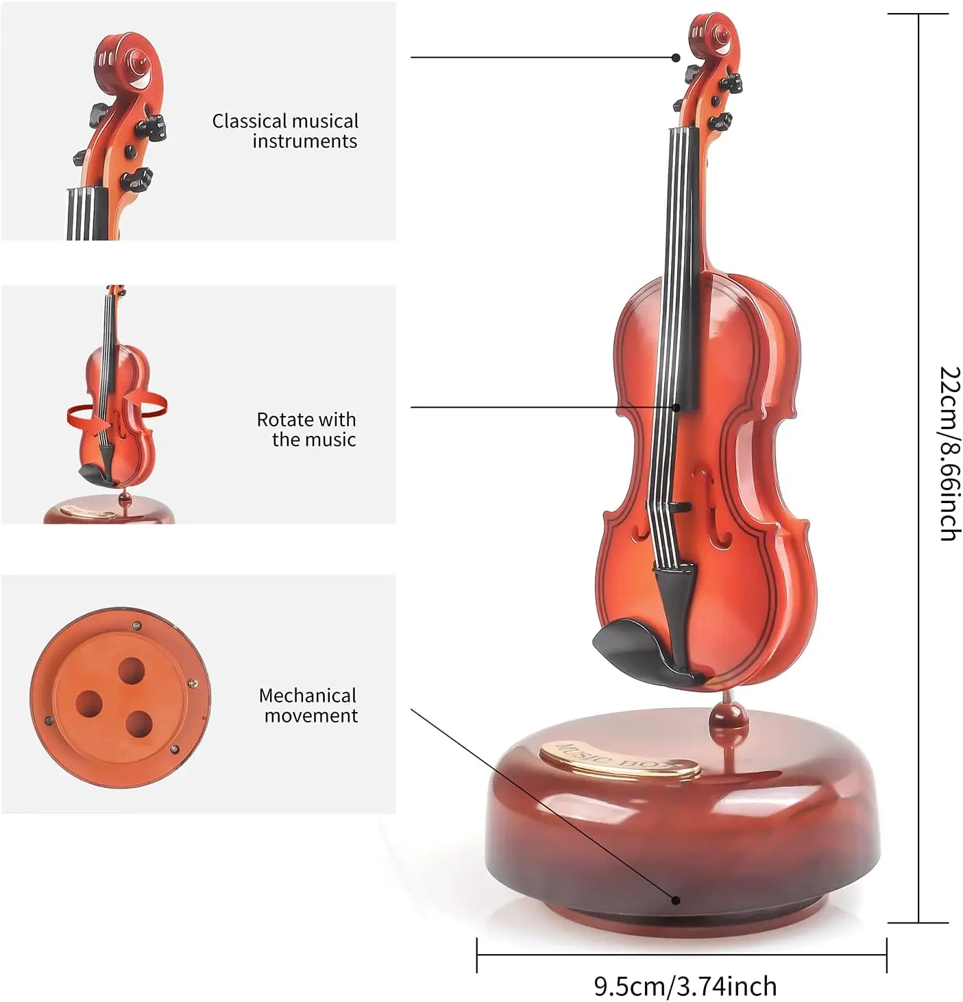 360° Rotatable Vintage Cello Shape Creative Violin Ornament Manual Rotate Music Box
