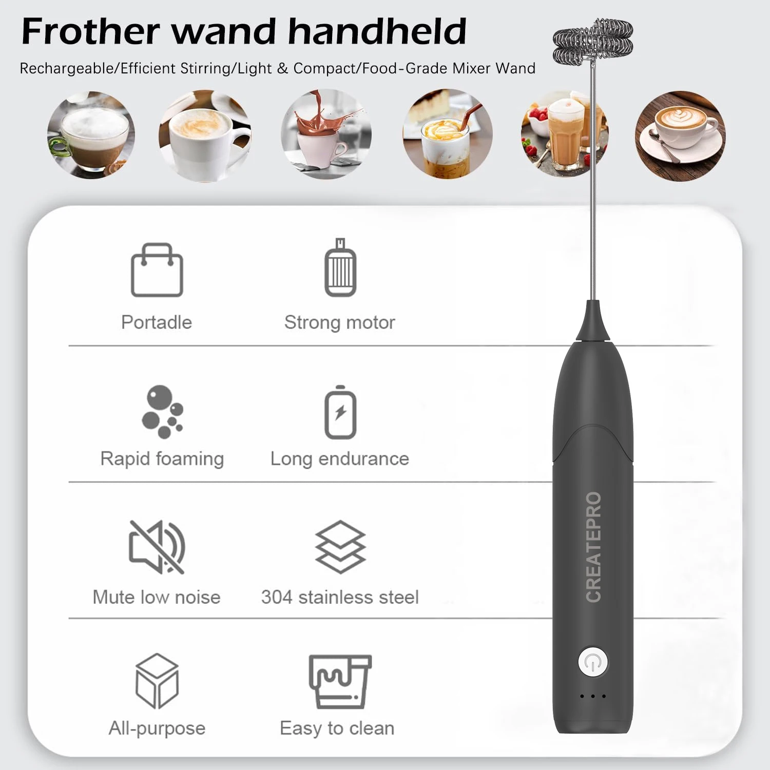 3-Speed Electric Milk Frother for Coffee with Whisk Stand-up Design Stainless Steel Frother Mixer Rechargeable for Cream