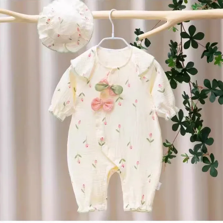 Schattige prinses baby romper met hoed bloemen jumpsuit lange mouw outfit zacht katoen gaas ademend herfst schattige meisjeskleding