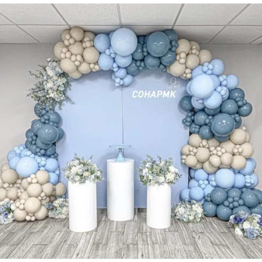 Dusty Blue White Sand Balloon Arch Garland Kit 141pcs Slate Fog Baby Blue Sand White Beige Cream Balloons for Boy Girl Birthday