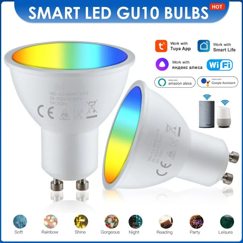 Tuya GU10 WIFI Smart LED Bulbs RGB CW White 5W Dimmable Lamps Smart Life APP Control Light Bulb Work For Alexa Google