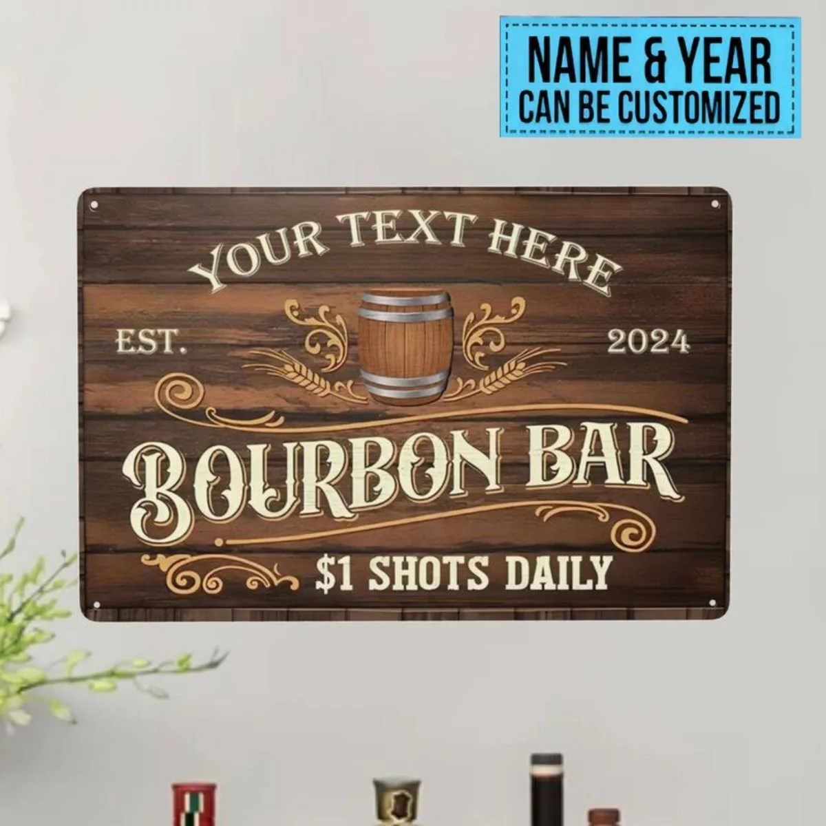 Letrero de Aluminio Personalizado con Diseño Rústico de Madera para Bar de Bourbon, Decoración Vintage para Pared de Hogar o Pub (Solo Decoración)