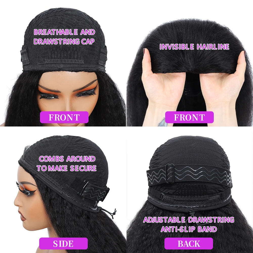 3 في 1 نصف باروكة شعر بشري غريب ياكي شعر مستعار مستقيم شعر بشري جاهز للارتداء والذهاب 3 في 1 نصف باروكة مع نصف باروكة برباط #4