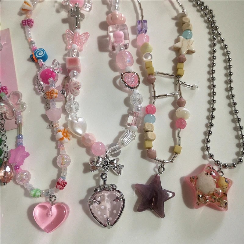 Y2K Goth Pink Cute Bowknot Love Strawberry Bead Necklace Neck Decoration Grunge EMO 2000s Aesthetic Scene Accessories For Girl