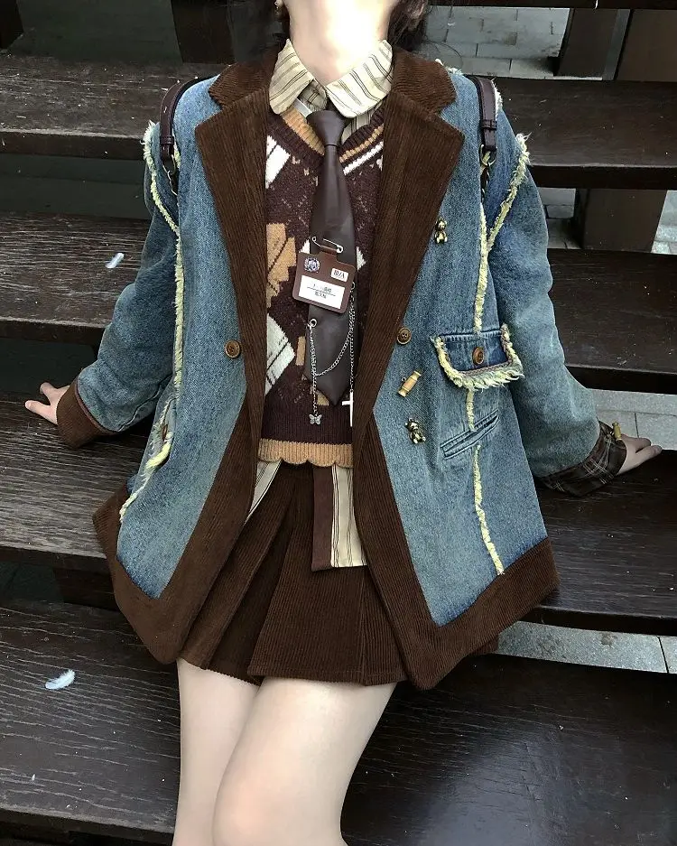 

Retro corduroy splicing denim jacket women's autumn and winter high sense niche suit jacket cotton clothing trend