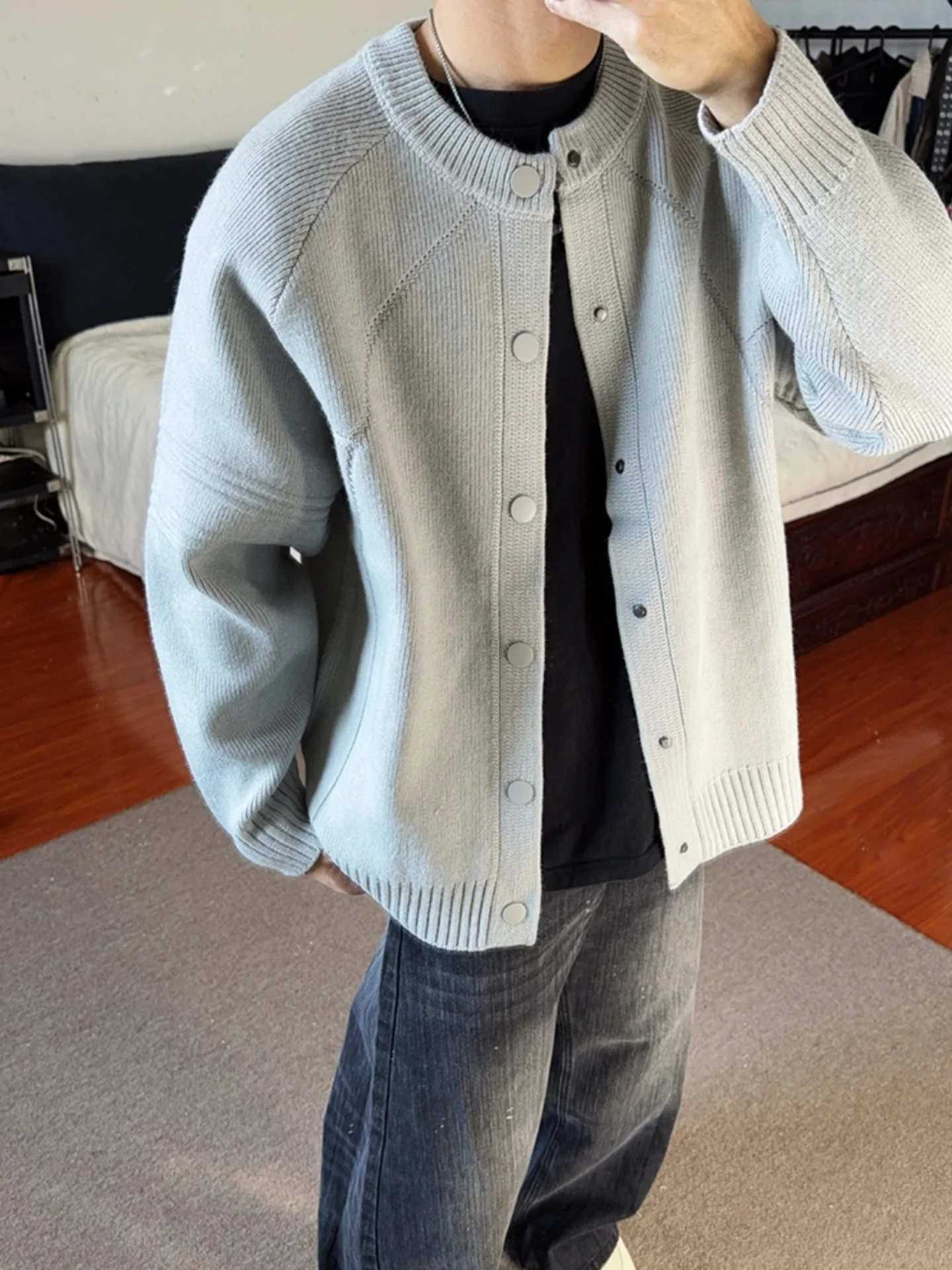 

Cleanfit Retro Knitted Cardigan Baseball Jaet without Collar Old Money Sle Loose Fit Long Sve Autumn Wear for Youth