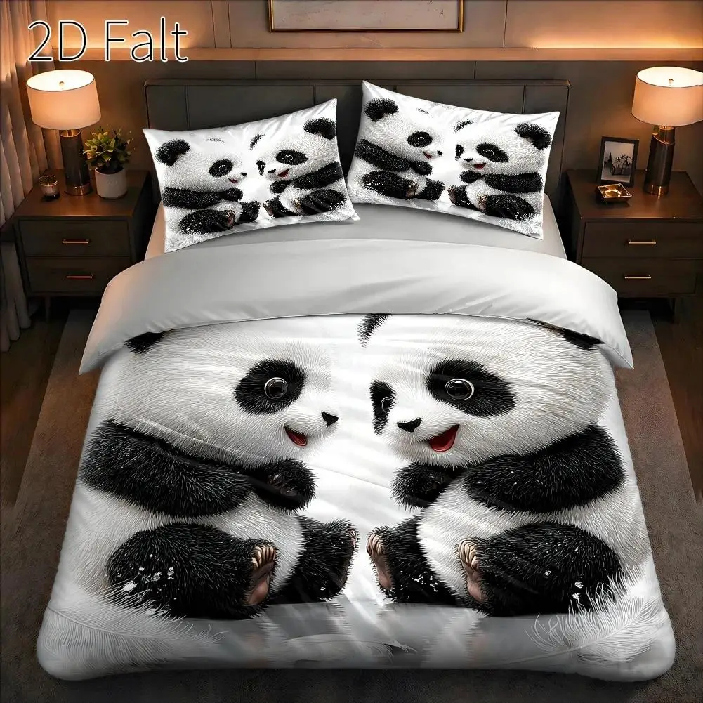 3-Piece Quilt Cover Set, 1 Quilt Cover + 2 Pillowcases (Without Filling) 2D Flat Printing, Panda-Themed Pattern, Cartoon Cute Style, International Panda Day, Suitable for All Seasons, Machine Washable, Invisible Zipper, Large Quilt Cover Set, Bedding Set, Skin-Friendly and Breathable, Soft and Comfortable, Does Not Fade or Pill, Suitable for Home/Dormitory/Master Bedroom/Guest Room