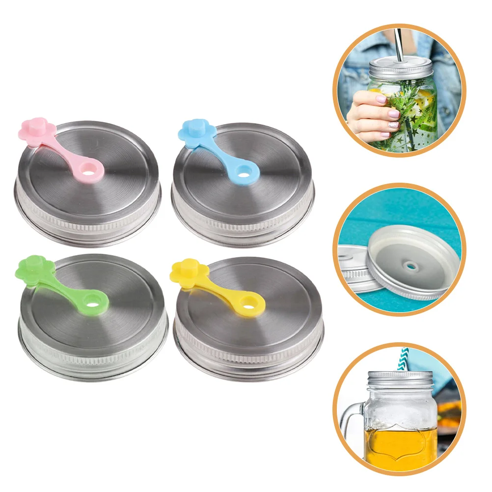 

4Pcs Jar Lids with Straw Holes Sturdy Trustworthy Design for Multiple Jobs Antileakage Metal Jar Lids Canning Jars Cover