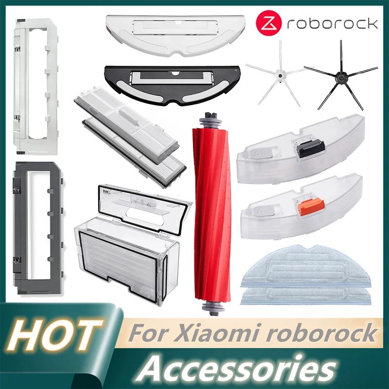 Roborock-esfregão de paletes original, S7, S75, S7Plus, branco, preto escova lateral, escova principal, escova do rolo, acessórios do tanque de água do filtro