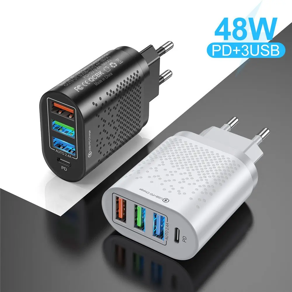 Portable EU UK US Type C 48W Charger Adapter 3 USB Charger Quick Charger PD For Xiaomi Samsung Huawei