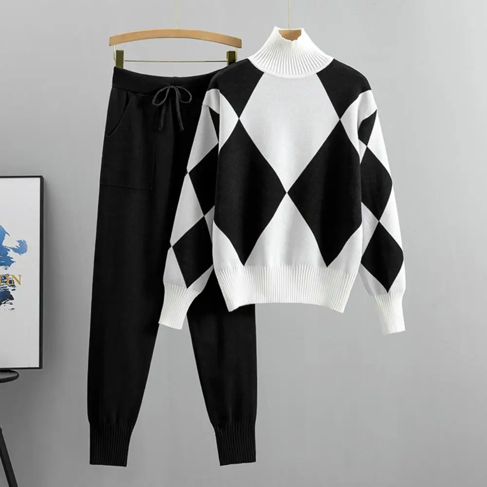 Fall Sweater Pants Set Geometric Print Sweater Pants Set Cozy High Collar Knitwear for Women's Casual Winter Fall Wardrobe