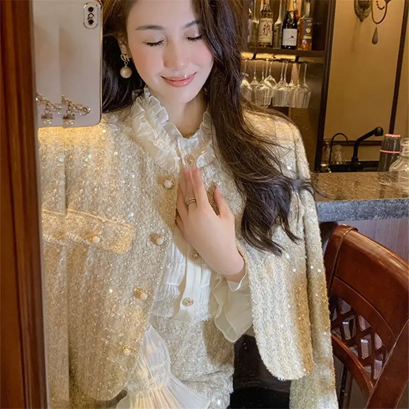 Women Sparkling Woolen Tweed Sequined Blazers Coat Beading Suits Jacket OL Lace Patchwork O-Neck Collar Cardigan Spring Tops