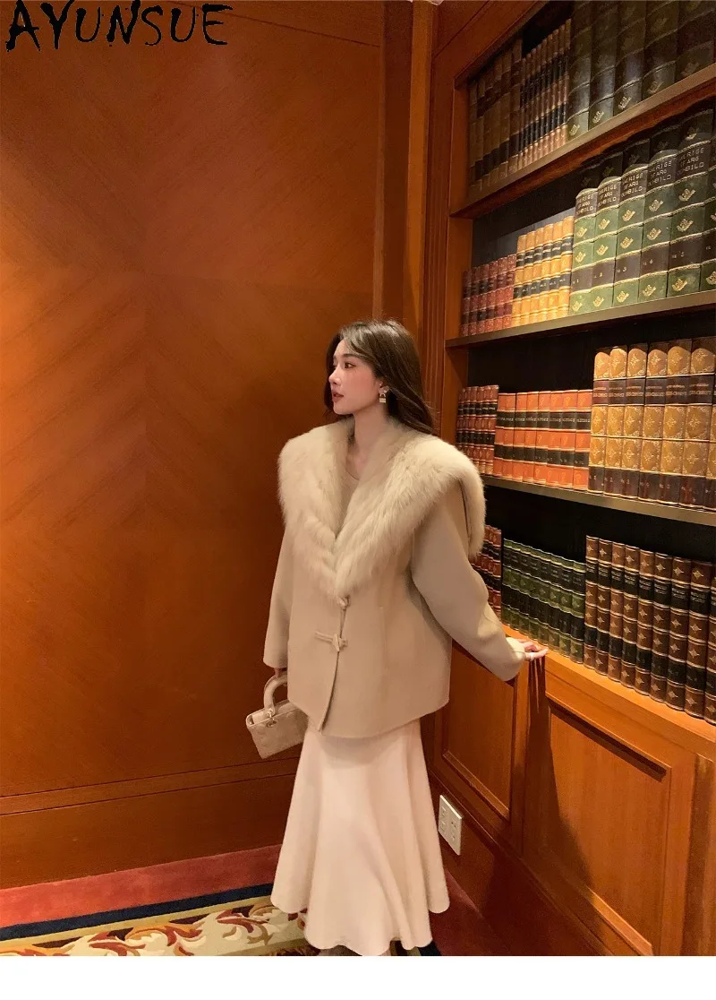 AYUNSUE Double Face Wool Coat White Duck Down Liner Fox Fur Collar Coat Mid Length Clothes Female Winter Clothing Luxury Fashion