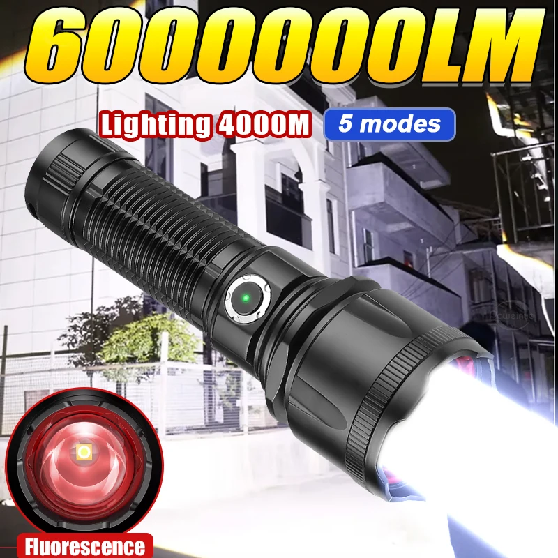 

6000000LM Powerful LED Flashlights Super Bright USB Rechageable Long Shot 4000M Hand Torch Fishing Camping Zoom Hand Lanterns