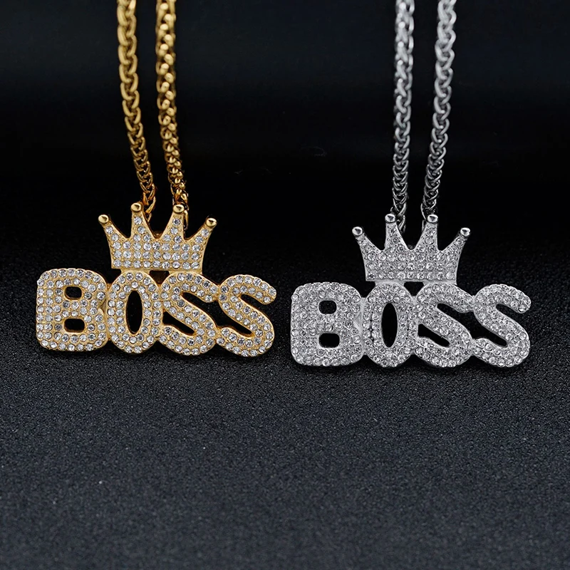 Hip Hop Bling Iced Out Solid Stainless Steel Crown BOSS CEO Pendants Necklaces for Men Jewelry Drop Shipping