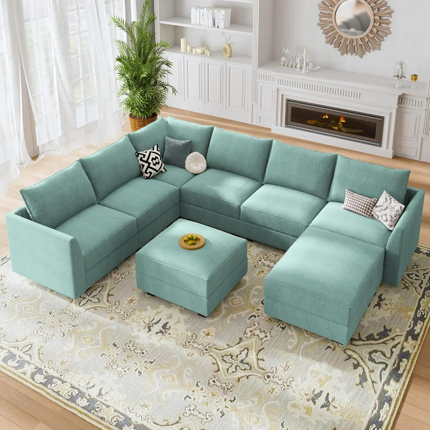 

Reversible Sectional Sofa Modular Couch U Shaped Sectional Sleeper Sofa with Storage Seats Oversized Sectional Sofa Aqua Blue