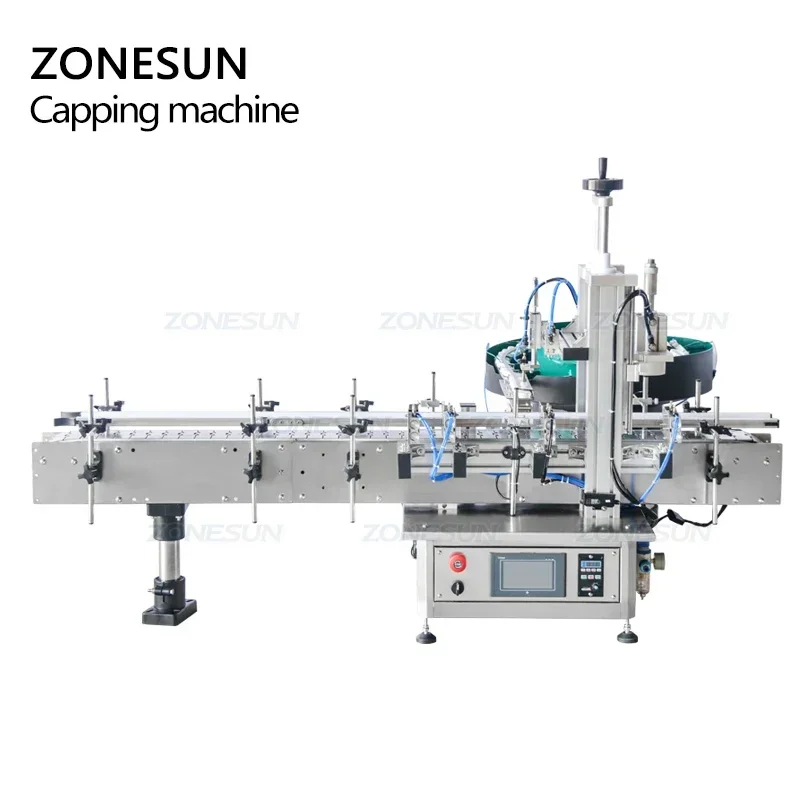 ZONESUN 자동 플라스틱 티어 밴드 탬퍼, 캔디 츄잉 껌 병, 데스크탑 캡 프레싱 머신, 진동 피더 포함