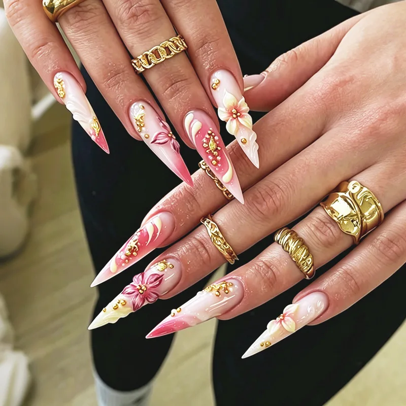 24 faux ongles œil de chat à presser, motif floral 3D, style français, perles, forme stiletto, pour nail art, en acrylique, style doux et cool
