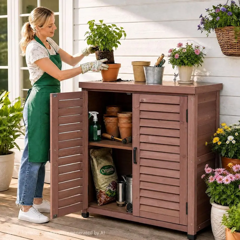 Outdoor Storage Cabinet with Metal Tabletop, CeWood Garden Workstation | Metal Work Surace，Ample Storage acity，Natural Wood truc