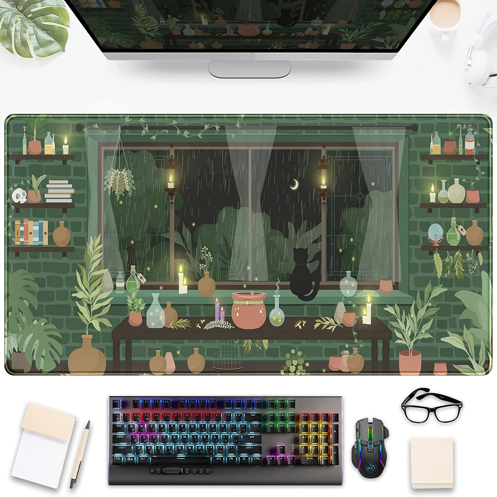 Rainy Night Green Plants Large Gaming Mouse Pad Desk Pad Anime Moonlight Fireflies Desk Mat Laptop Keyboard Pad Desk accessories