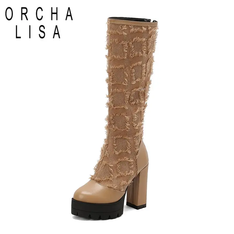 

ORCHA LISA 2025 New Design Women Knee High Boots Round Toe Chunky Heels 12cm Platform 4cm Zipper Mixed Color Plus Size 48 49 50