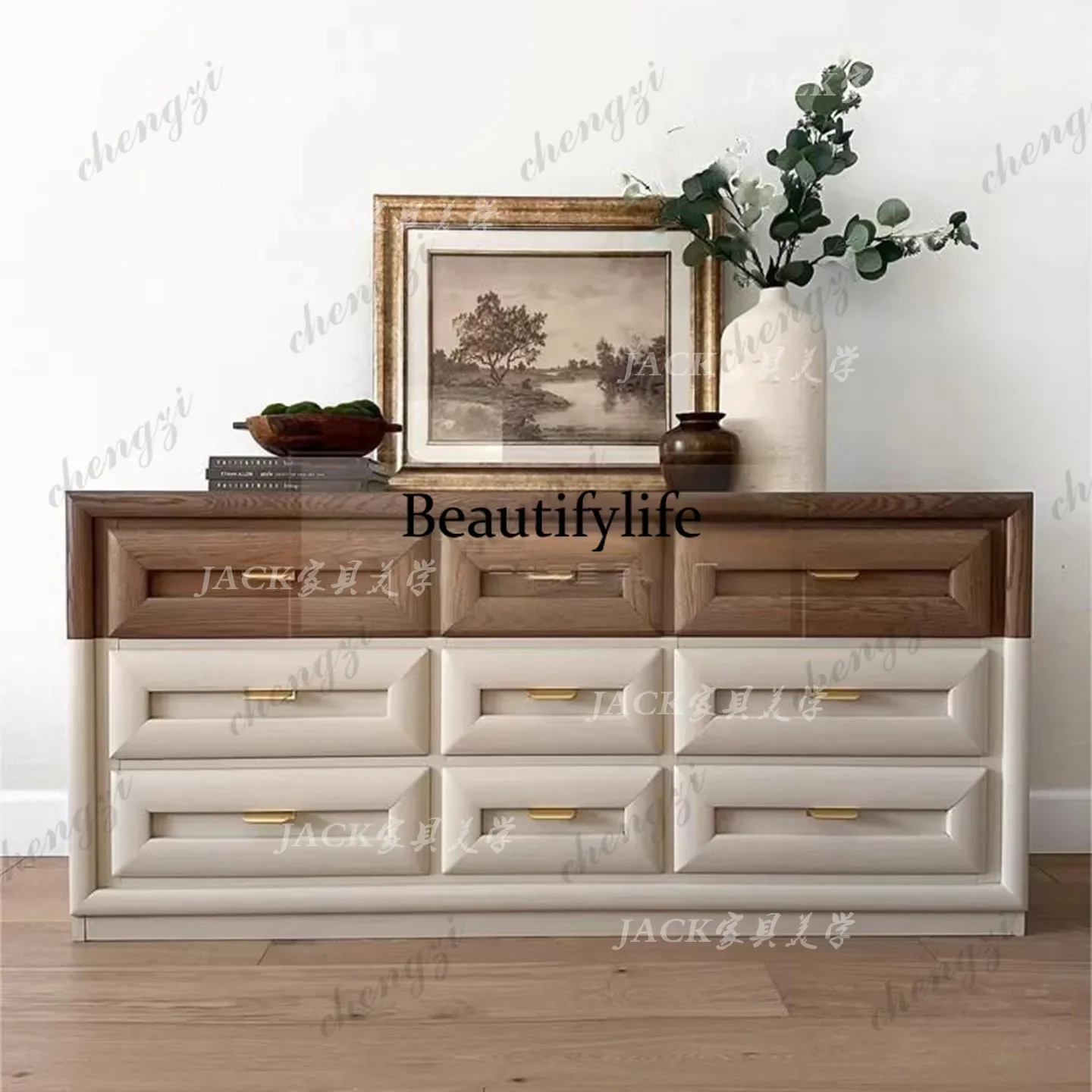 Y136 French vintage solid wood carved two-tone color chest of drawers modern light luxury cream-style storage and decorative cab