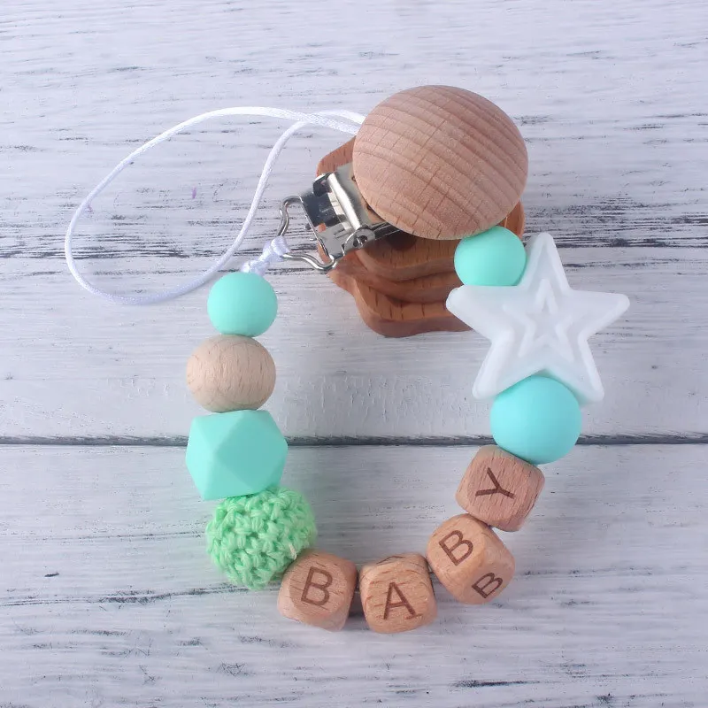 Free Handmade Personalized Name Silicone Stars Beads Beech Letters Pacifier Chains Clips Teething Baby Teether Dummy Holder Gift